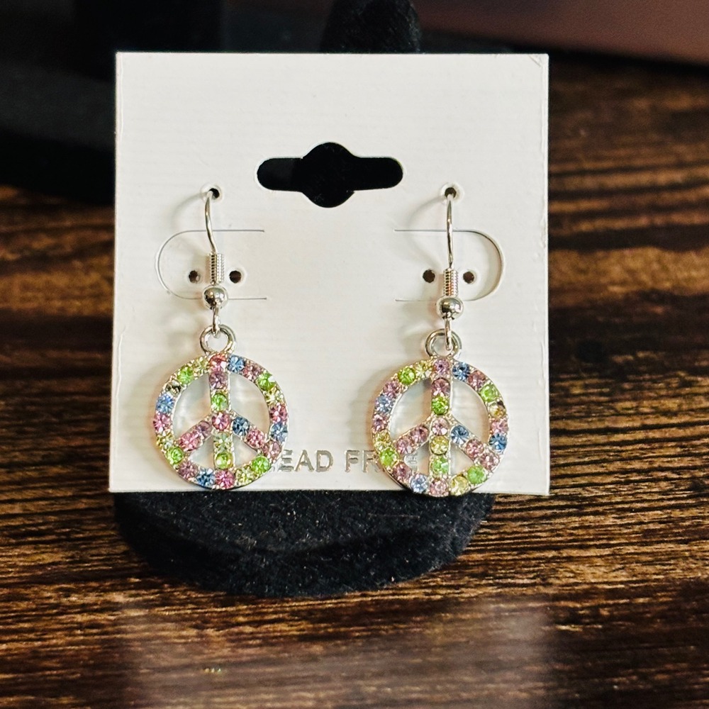 Multi Color Rhinestone Peace Sign Drop Earrings Silver Tone Crystal Jewelry